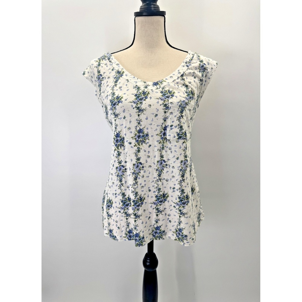 Retro Cottage Garden Floral Blue White Zipper Back Mossimo XL Top Stretch Cotton